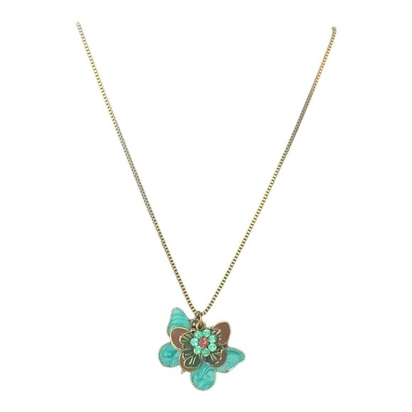 Butterfly Pendant Necklace With Rhinestone Accents Bronze Chain‎ Green & Teal - Picture 7 of 11